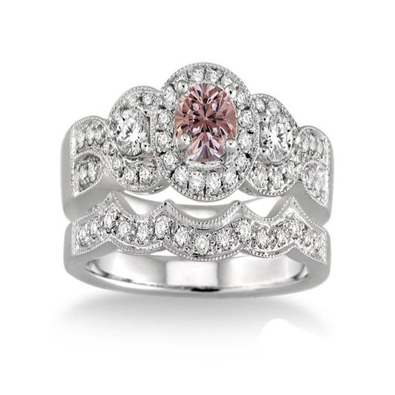 1.5 Carat Morganite & Diamond Halo Bridal Set on 10k White Gold