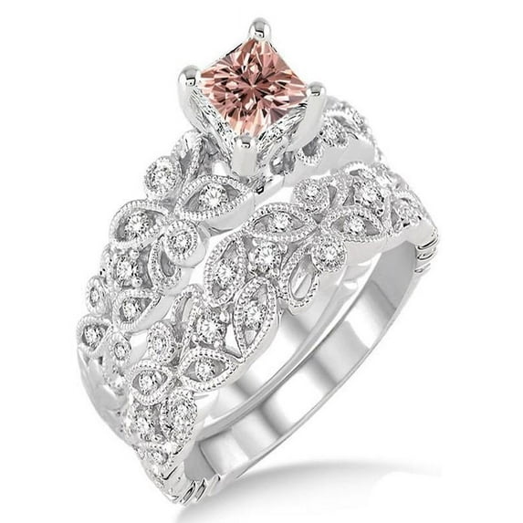 1.5 Carat Morganite & Diamond Infinity Floral Antique Bridal setRound cut diamond on 10k White Gold
