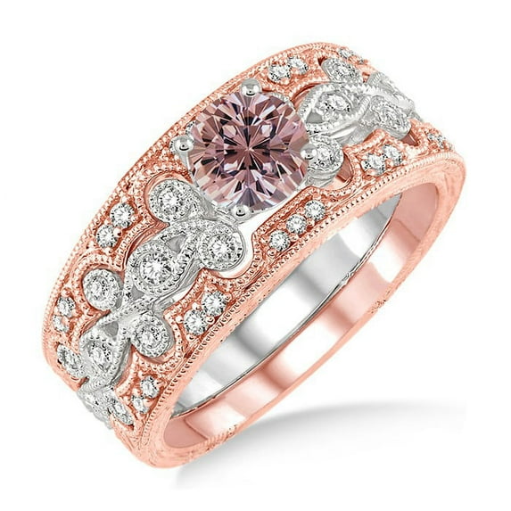 1.5 Carat Morganite & Diamond Vintage Trio Bridal Set Engagement Ring on 10k White Gold
