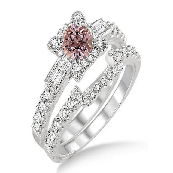 1.5 Carat Morganite & Diamond Vintage floral Bridal Set Engagement Ring on 10k White Gold