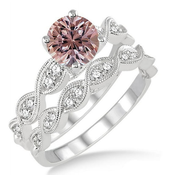 1.5 Carat Morganite & Diamond inertwined Bridal setRound cut diamond on 10k White Gold