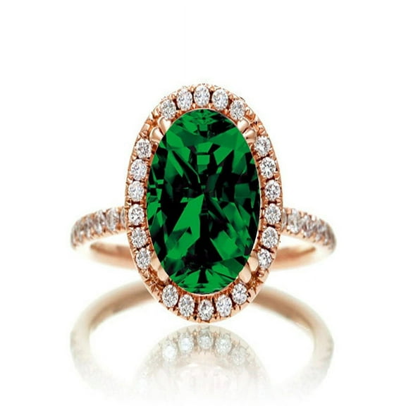 1.5 Carat Oval Classic Green Emerald And Diamond Moissanite Halo Ring On 10K Rose Gold, Promise Ring, Anniversary Ring