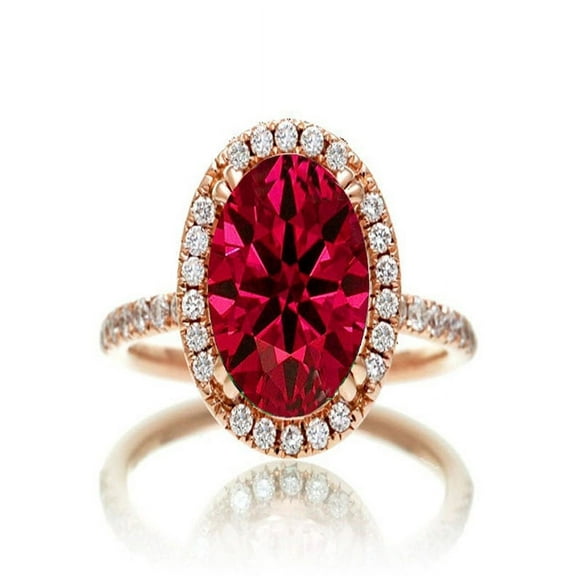 1.5 Carat Oval Cut Classic Red Ruby And Diamond Moissanite Halo Ring On 10K Rose Gold, Promise Ring, Anniversary Ring