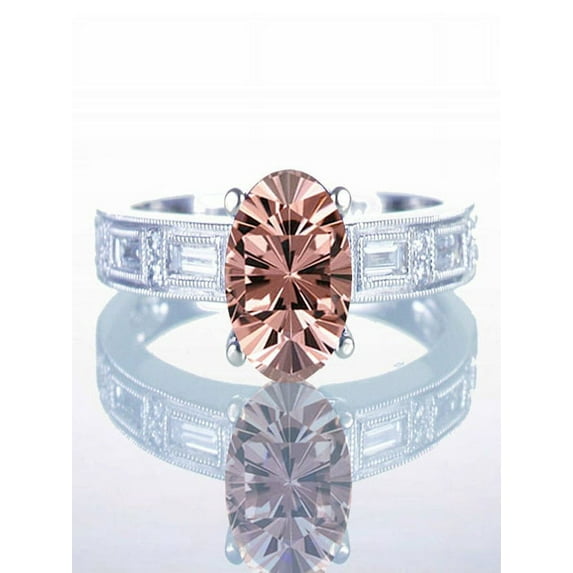 1.5 Carat Oval Cut Morganite and Baguette Diamond Milgrain Engagement Ring on 10k White Gold