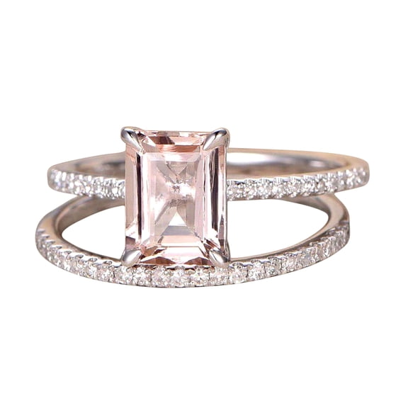 1.5 Carat Peach Pink Emerald Cut Real Morganite Man made diamond moissanite Engagement Ring Wedding Bridal Set Sterling Silver with 18k Gold Plating
