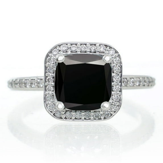 1.5 Carat Princess Cut Black Diamond Classic Halo Engagement Ring on 10k White Gold