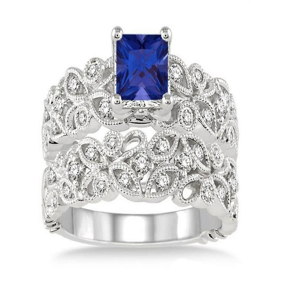 1.5 Carat Princess Cut Blue Sapphire And Diamond Moissnaite Infinity Floral Antique Bridal Set Round Cut Diamond Moissanite On 10K White Gold, Promise Ring, Anniversary Ring