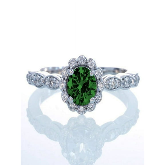 1.5 Carat Round Cut Emerald and Diamond Flower Vintage Designer Engagement Ring on 10k White Gold