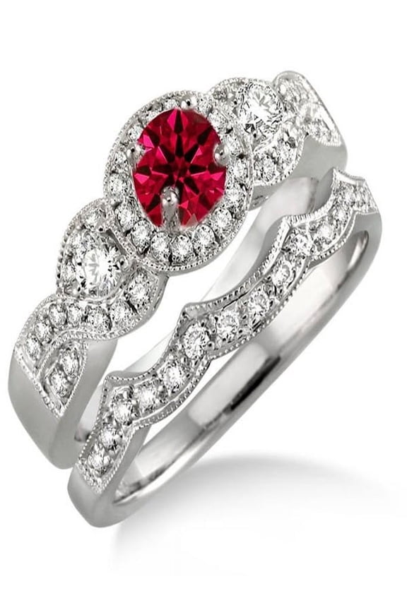 1.5 Carat Round Cut Red Ruby And Diamond Moissanite Halo Bridal Set On 10K White Gold, Promise Ring, Anniversary Ring