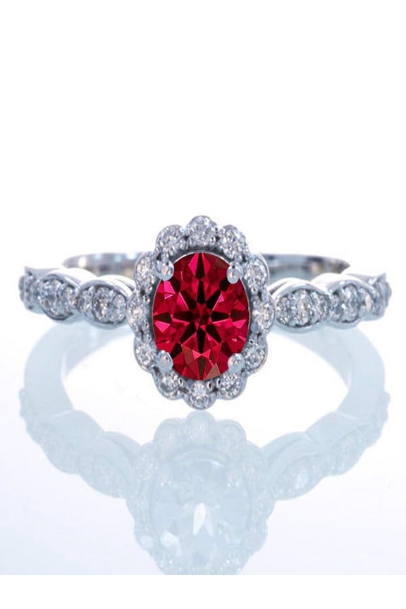 1.5 Carat Round Cut Ruby and Diamond Flower Vintage Designer Engagement Ring on 10k White Gold