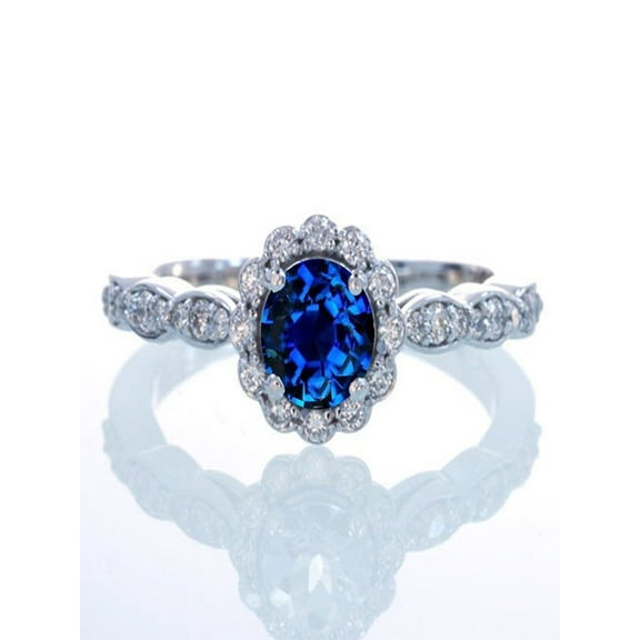 1.5 Carat Round Cut Sapphire and Diamond Flower Vintage Designer Engagement Ring on 10k White Gold