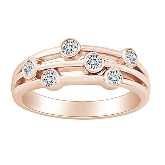AFFY 1/5 Carat Round Cut White Natural Diamond Three Row Bubbels Engagement Ring In 14k Solid Rose Gold (0.2 Cttw) Ring Size-9.5