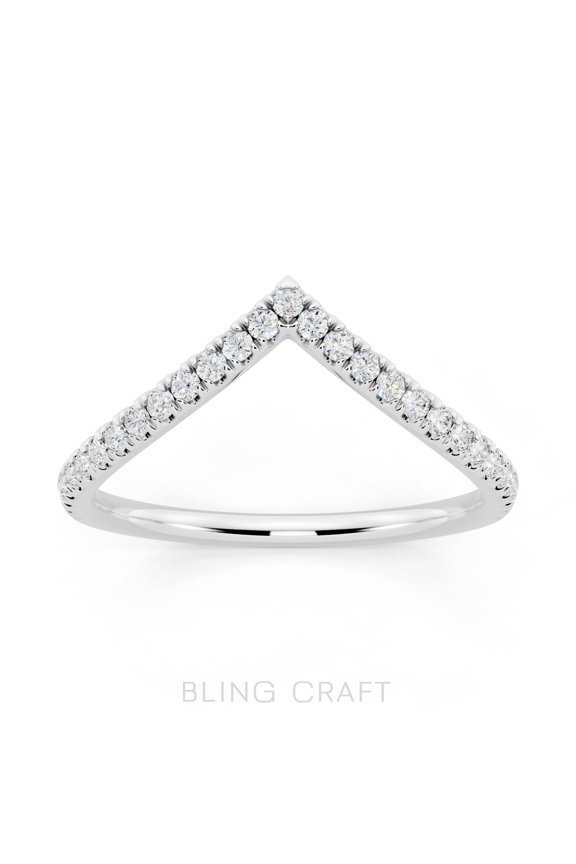 1/5 Carat Round Moissanite Curved Wedding Bands Ring for Women 14K White Gold Plated 925 Sterling Silver V Shaped Stacking Anniversary Engagement Ring Jewelry Gift for Her D Color VVS1 Clarity 6.5