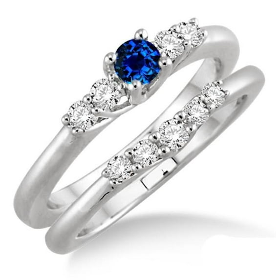 1.5 Carat Round Shape Blue Sapphire And Moissanite Diamond Wedding Ring Inexpensive Bridal Set on 10k White Gold
