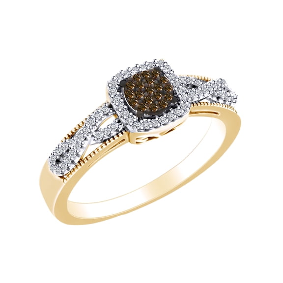 1/5 Carat Round Shape Brown & White Natural Diamond Cocktail Ring In 10K Solid Yellow Gold (0.20 Cttw) Ring Size-9.5