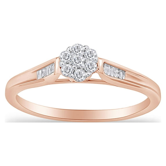 AFFY 1/5 Carat Round Shape Natural White Diamond Flower-Shaped Promise Ring In 14K Rose Gold Over Sterling Silver (0.2 Cttw, J-K Color, I2-I3 Clarity), Ring Size-6