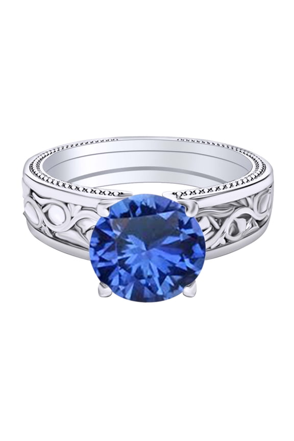 1.5 Carat Round Shape Simulated Blue Sapphire Filigree Engagement Ring 14K Solid White Gold Ring Size-7.5