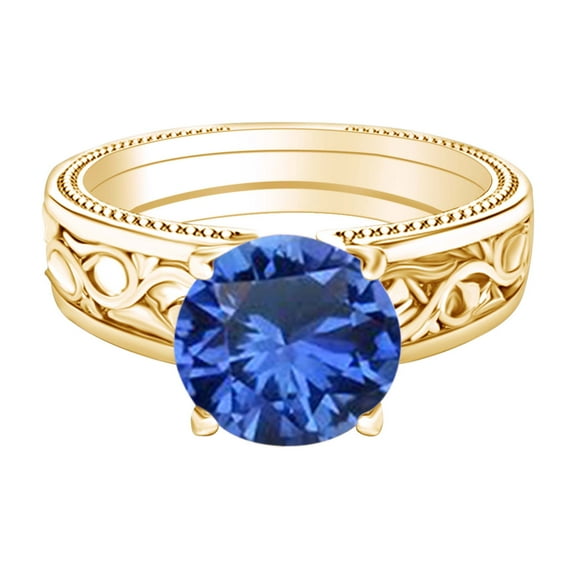 AFFY 1.5 Carat Round Shape Simulated Blue Sapphire Filigree Engagement Ring 14K Solid Yellow Gold Ring Size-6