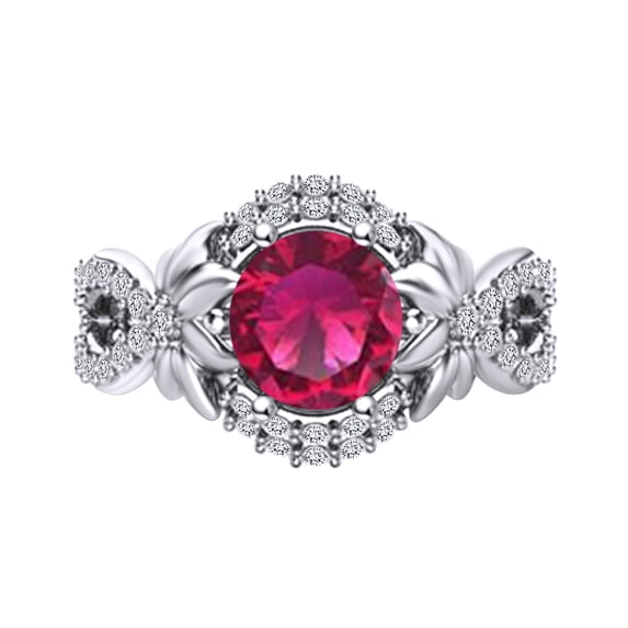 AFFY 1.5 Carat Round Shape Simulated Pink Ruby & Natural Diamond Flower Engagement Ring 14k Solid White Gold Ring Size-5