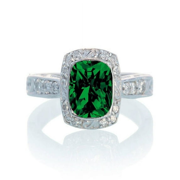 1.5 Carat Round Vintage Emerald and Diamond Halo Wedding Ring on 10k White Gold