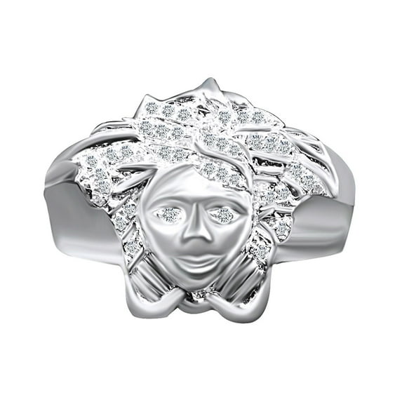 AFFY 1/5 Carat Round White Natural Diamond Men's Medusa Ring 14K White Gold Over Sterling Silver Ring Size-9