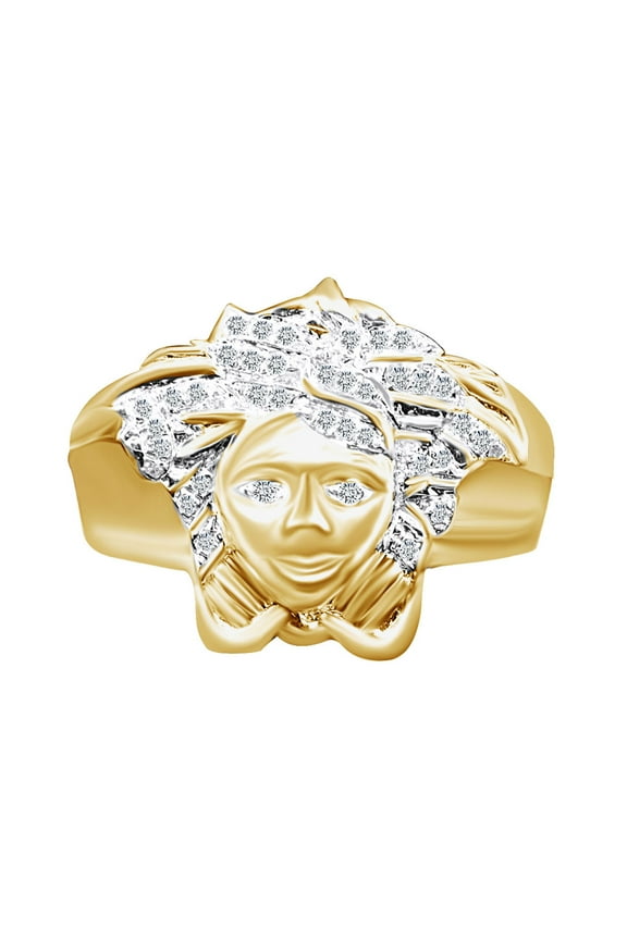 1/5 Carat Round White Natural Diamond Men's Medusa Ring 14K Yellow Gold Over Sterling Silver Ring Size-14