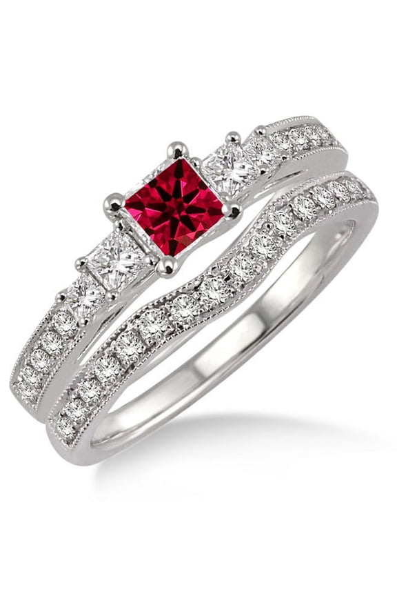 1.5 Carat Ruby & Diamond Antique Bridal set Halo Ring on 10k White Gold