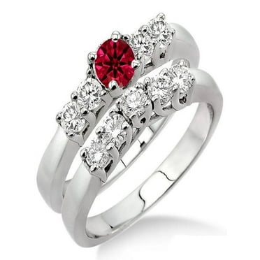 1.5 Carat Ruby & Diamond Five Stone Bridal Set on 10k White Gold