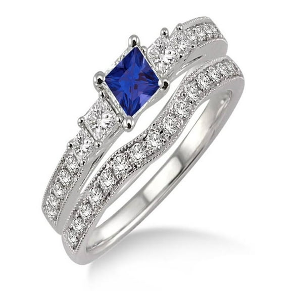 1.5 Carat Sapphire and Diamond Antique Bridal set Halo Ring on 10k White Gold