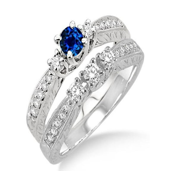 1.5 Carat Sapphire and Diamond Antique Bridal set on 10k White Gold