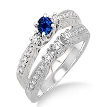 1.5 Carat Sapphire and Diamond Antique Bridal set on 10k White Gold