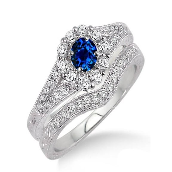 1.5 Carat Sapphire and Diamond Antique Floral Bridal set on 10k White Gold