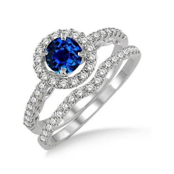 1.5 Carat Sapphire and Diamond Antique Floral Halo Bridal set in 14k White Gold affordable sapphire & diamond engagement ring
