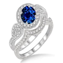 1.5 Carat Sapphire and Diamond Antique Halo Bridal Set Engagement Ring on 10k White Gold
