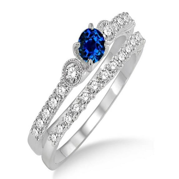 1.5 Carat Sapphire and Diamond Antique Three Stone Bridal Set on 10k White Gold