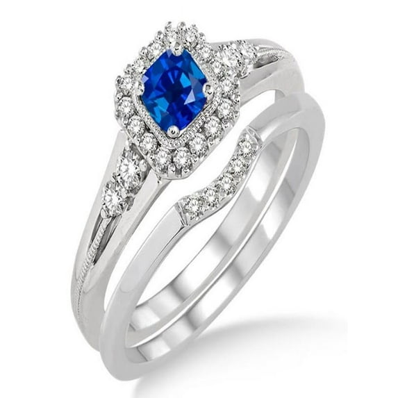 1.5 Carat Sapphire and Diamond Bridal Set Halo Engagement Ring Bridal Set on 10k White Gold