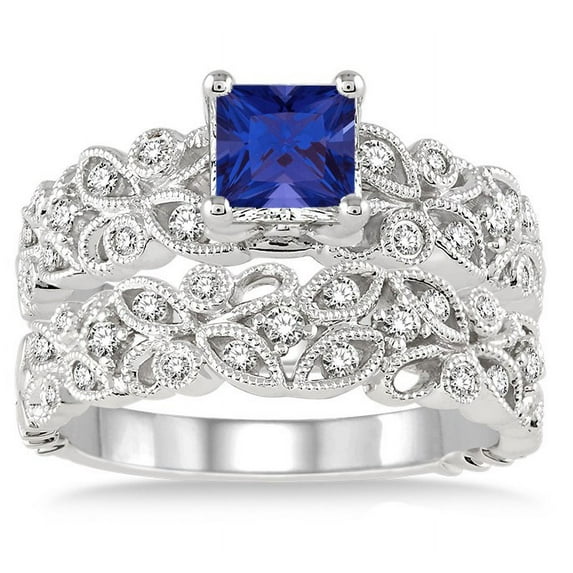 1.5 Carat Sapphire and Diamond Infinity Floral Antique Bridal setRound cut diamond on 10k White Gold