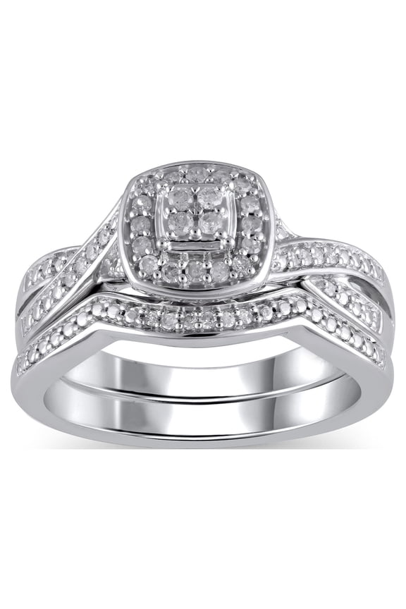 1/5 Carat T.W. (I3 clarity, I-J color) Forever Bride Cushion Shaped Halo Diamond Composite Bridal set in Sterling Silver, Size 8