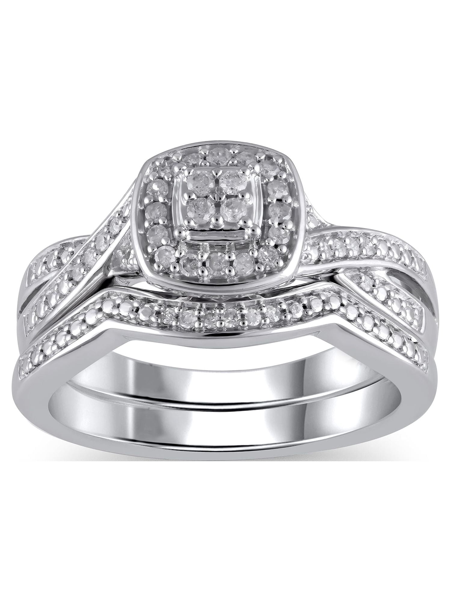 1/5 Carat T.W. (I3 clarity, I-J color) Forever Bride Cushion Shaped Halo Diamond Composite Bridal set in Sterling Silver, Size 9