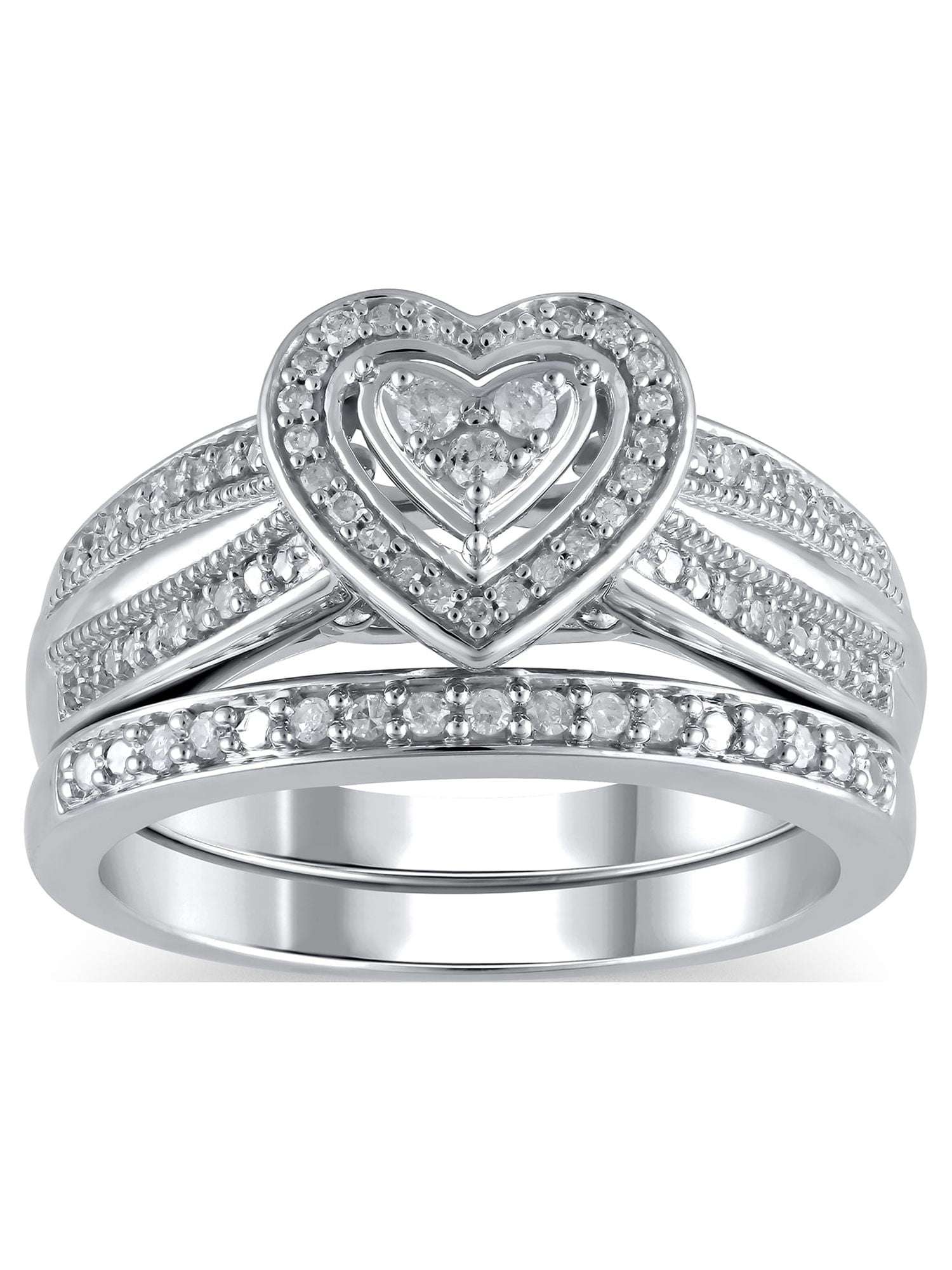 1/5 Carat T.W. (I3 clarity, I-J color) Forever Bride Heart Shaped Halo Diamond Composite Bridal set in Sterling Silver, Size 6