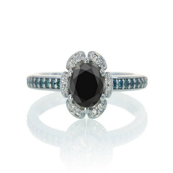1.5 Carat Unique Flower Halo Round Black Diamond and Diamond Engagement Ring on 10k White Gold