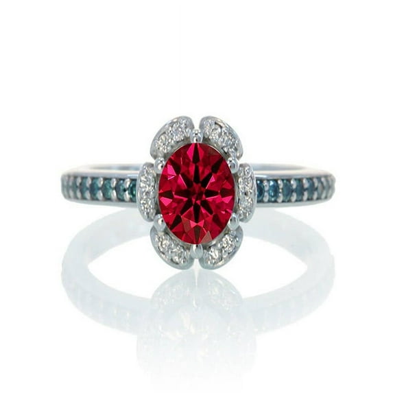 1.5 Carat Unique Flower Halo Round Cut Red Ruby And Diamond Moissanite Engagement Ring On 10K White Gold, Gift For Her, Promise Ring, Anniversary Ring