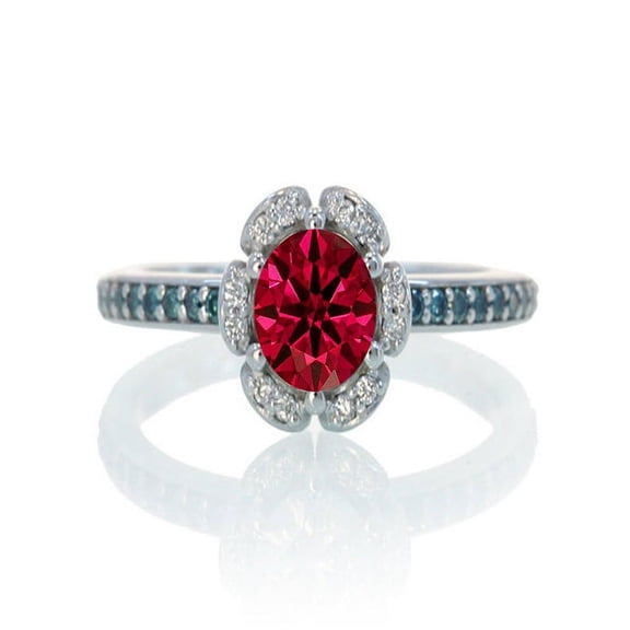 1.5 Carat Unique Flower Halo Round Cut Red Ruby And Diamond Moissanite Engagement Ring On 10K White Gold, Promise Ring, Anniversary Ring