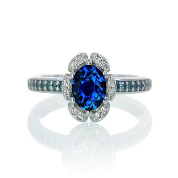 1.5 Carat Unique Flower Halo Round Sapphire and Diamond Engagement Ring on 10k White Gold