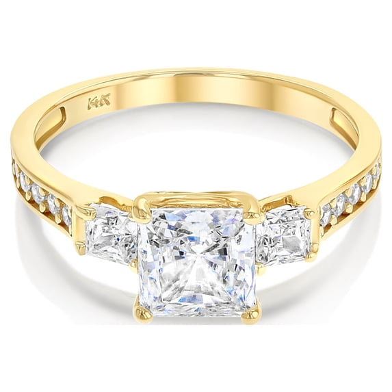 1.5 Ct. Cubic Zirconia CZ 3 Stone Princess Cut Engagement Ring Solid 14K Yellow Gold With Stones in Band - Size 7 - Size 7