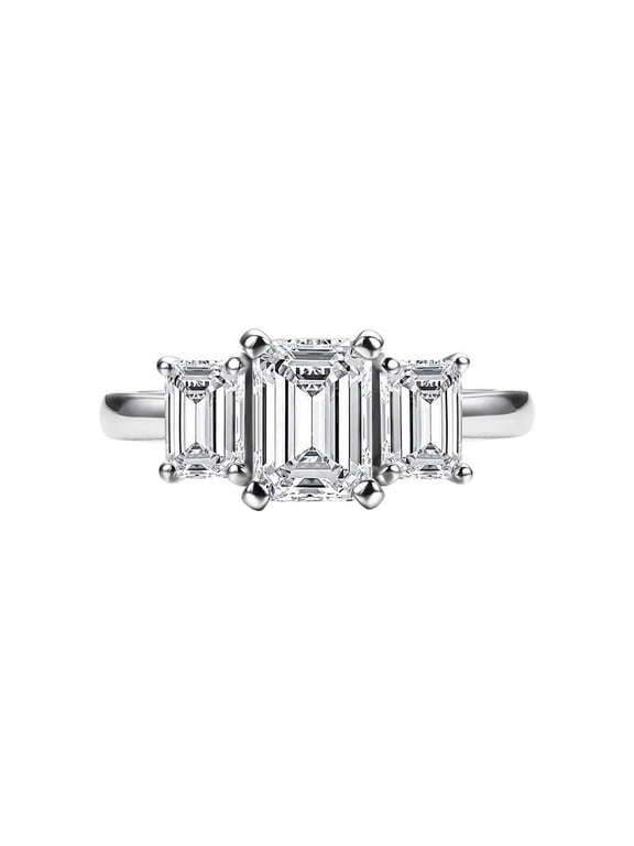 1.5 Ct Emerald Cut Moissanite Diamond Women Engagement Three Stone Ring 925 Sterling Silver