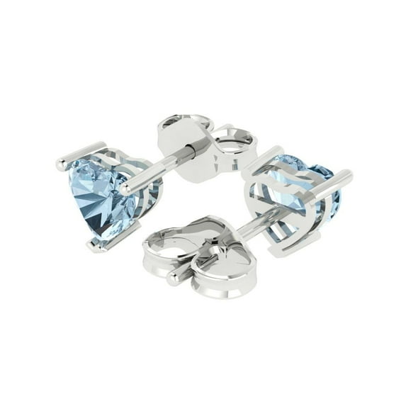 1.5 Ct Heart Cut Studs Blue Natural Aquamarine 18K White Solid Solid Gold Everyday Dainty Earrings Push Back