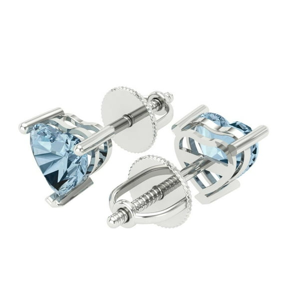 1.5 Ct Heart Cut Studs Blue Natural Aquamarine 18K White Solid Solid Gold Everyday Dainty Earrings Screw Back