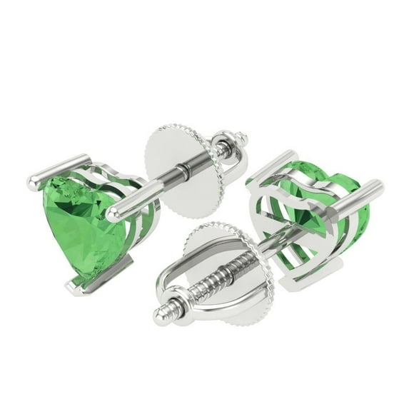 1.5 Ct Heart Cut Studs Green Crystal 14K White Solid Gold Everyday Dainty Earrings Screw Back