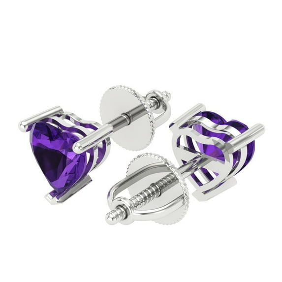 1.5 Ct Heart Cut Studs Purple Natural Amethyst 18K White Solid Solid Gold Everyday Dainty Earrings Screw Back